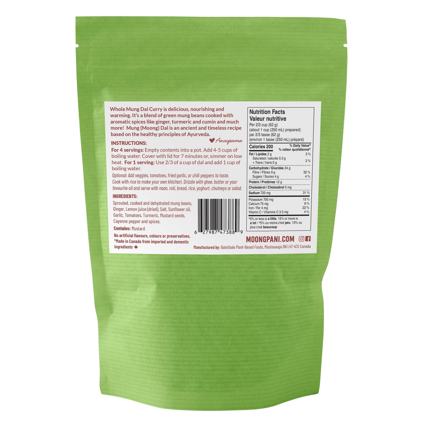 Whole Mung Dal Curry | Made With Cooked, Spiced And Dehydrated Green Whole Mung | Vegan | Gluten-Free, Soy-Free | All Natural |