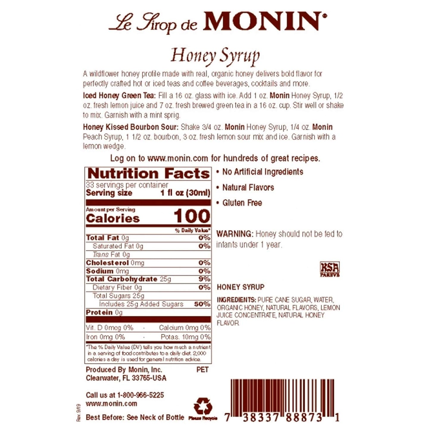 Monin - Honey Syrup, Smooth Sweet Honey Flavor, Great For Teas, Lemonades, Cocktails, & Coffee, Gluten-Free, Non-Gmo (1 Liter)