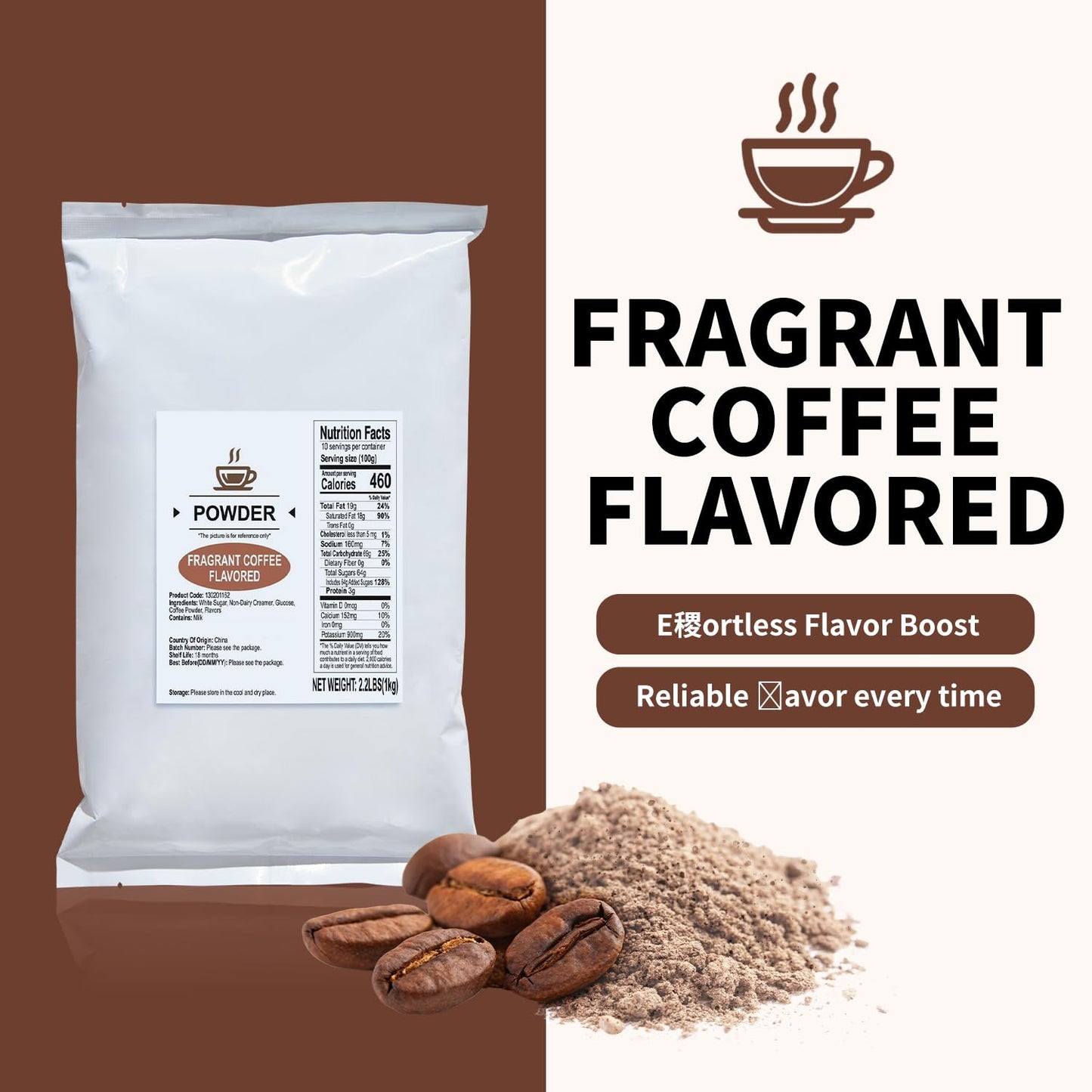 Soeos Coffee Flavored Powder (3-in-1), 2.2 lbs (1kg) - Instant Bubble Tea Mix with Creamer & Sugar, Easy to Prepare, Perfect for