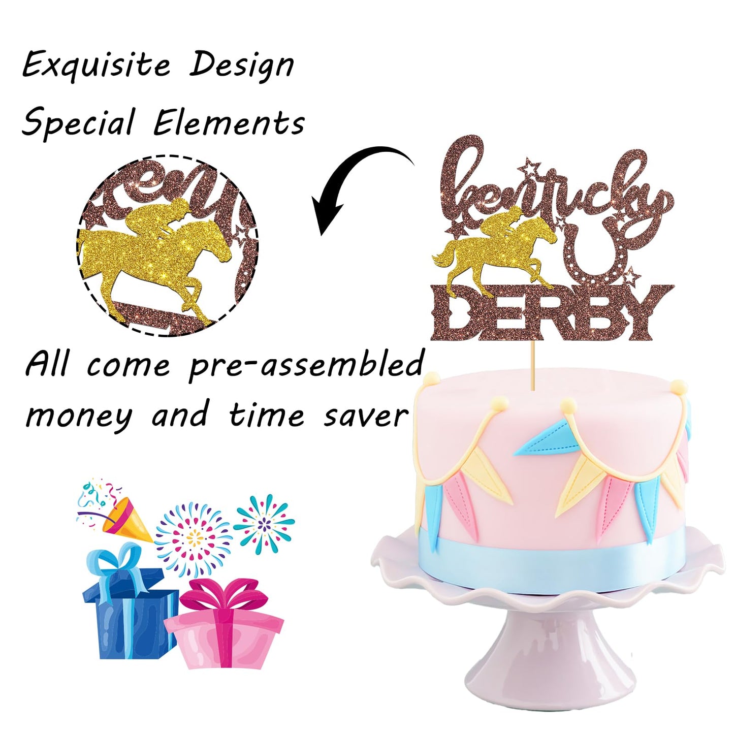 Maicaiffe Derby Cake Topper, Racing Horse Theme Decorations, Brown Glitter, Paper, Ideal for Birthday Party Supplies