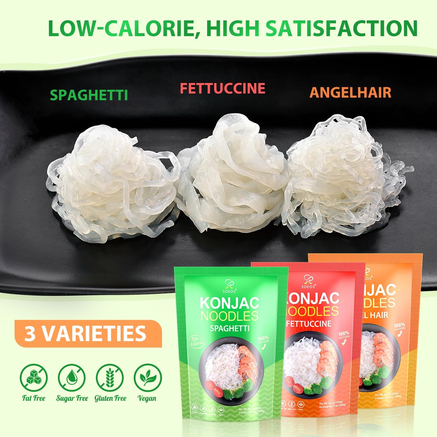 Soeos Konjac Noodles, Shirataki Noodle, Low Calorie, Low Carb, Keto And Paleo Friendly, 3 Variety Noodles, Fettuccine, Angel Hai