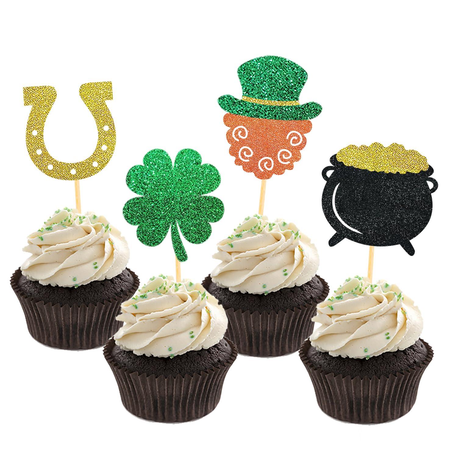 Moitkptt St Patricks Day Cupcake Toppers, 24 Pcs Four Leaf Clover & Leprechaun Hat Mix A