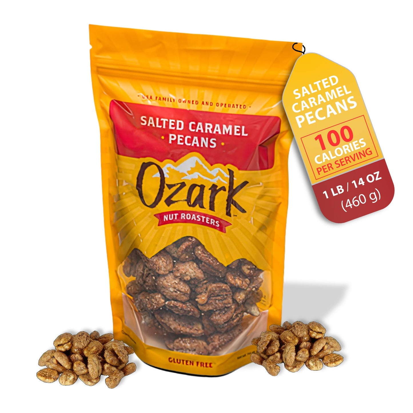 Ozark Nut Roasters Salted Caramel Pecans, Sweet & Salty Snack Nuts, 14 oz Resealable Pack