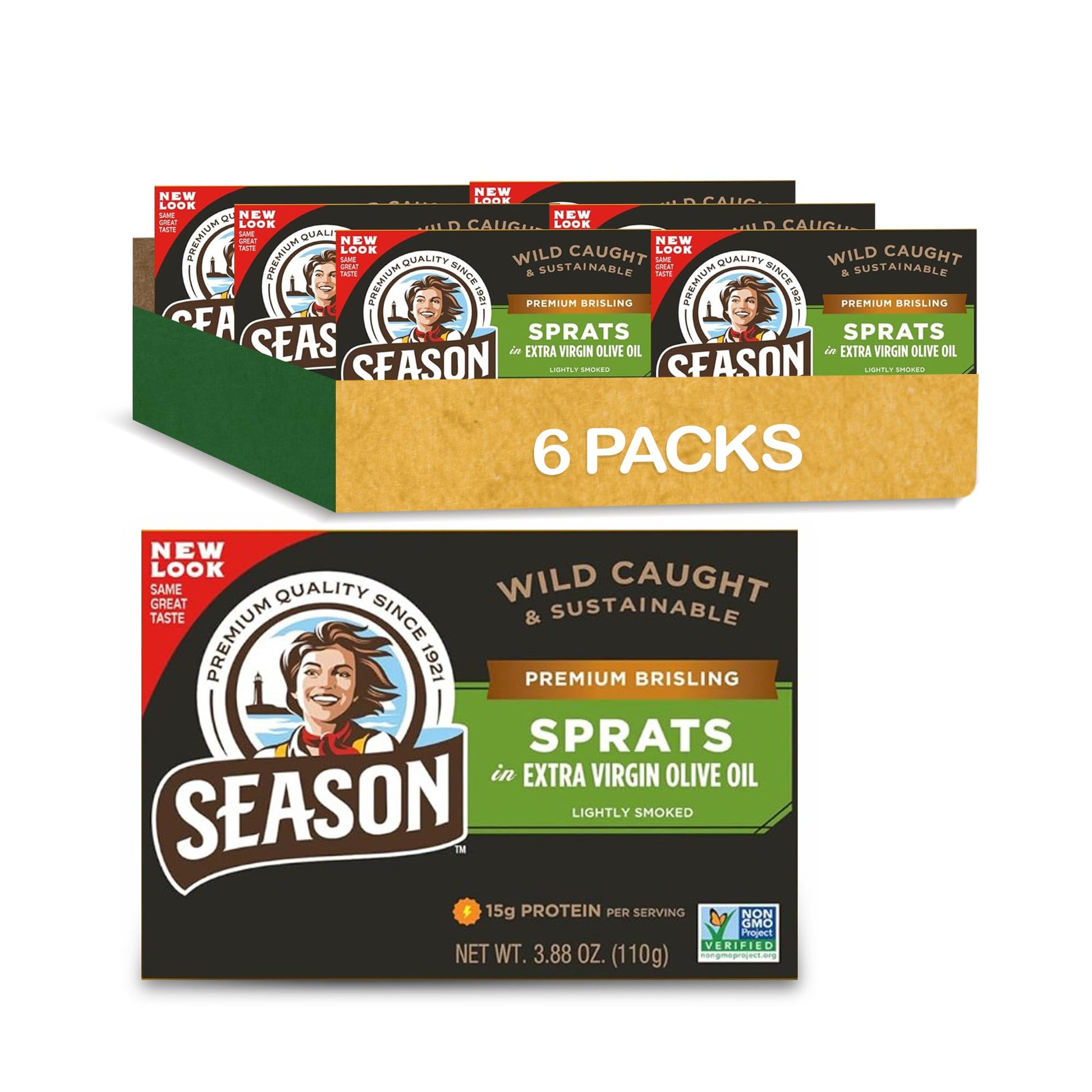 Season Brisling Sprats In Extra Virgin Olive Oil - Lightly Smoked, Wild Caught, 15G Of Protein, Keto Snacks, More Omega 3S Than Tuna, Kosher, High In Calcium, Canned Sardines - 3.88 Oz Tins, 6-Pack