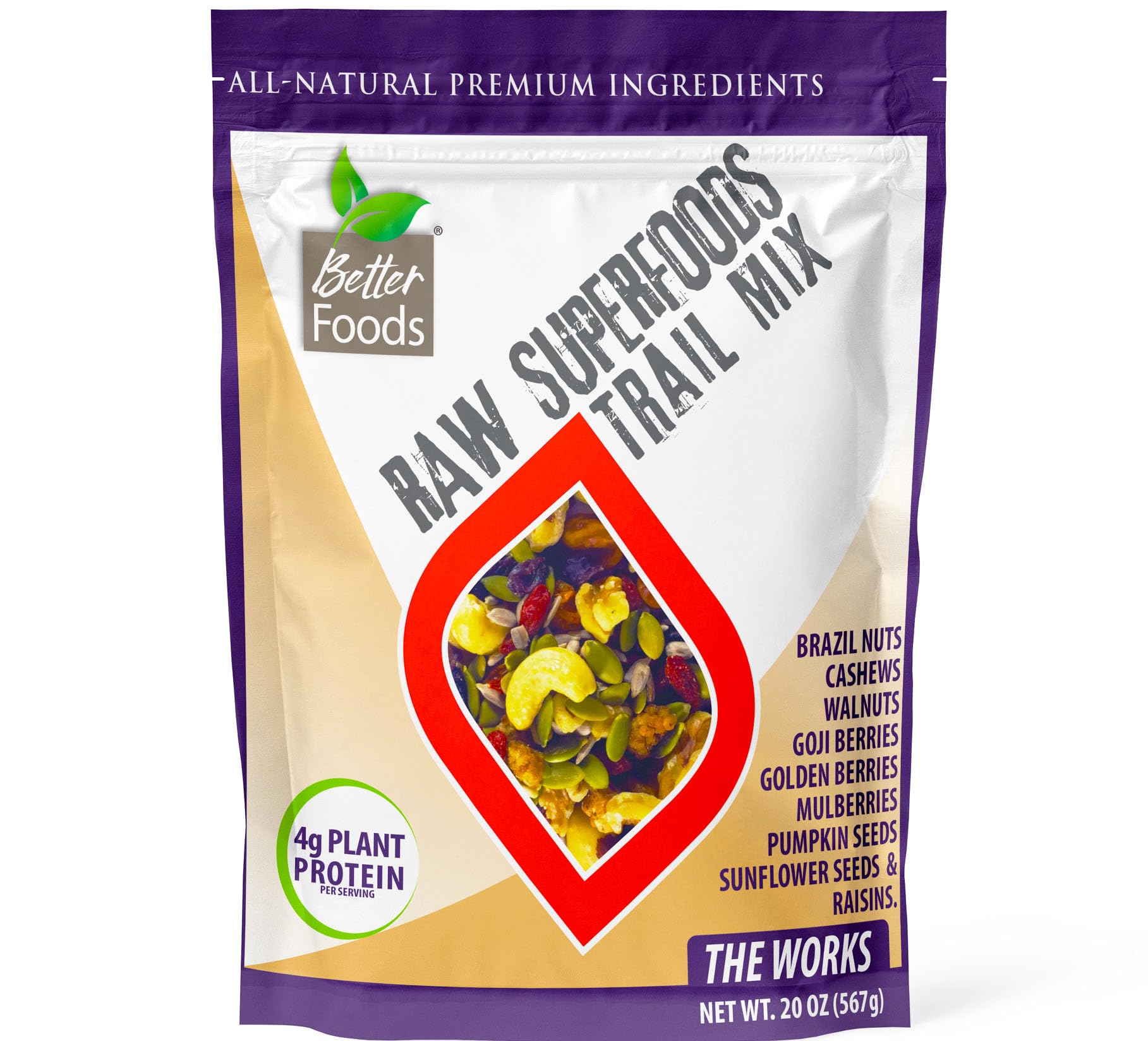 BetterFoods Raw Superfoods Trail Mix - The Works | Cashews, Mulberries, Pumpkin Seeds, Sunflower Seeds, Brazil Nuts, Goji Berrie
