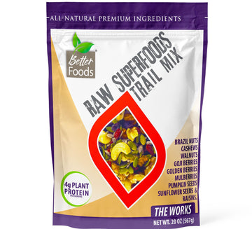 BetterFoods Raw Superfoods Trail Mix - The Works | Cashews, Mulberries, Pumpkin Seeds, Sunflower Seeds, Brazil Nuts, Goji Berrie