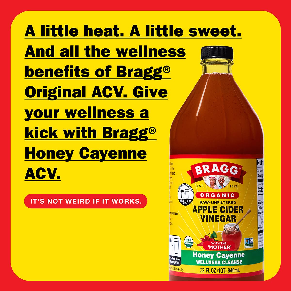 Bragg Organic Apple Cider Vinegar with Honey & Cayenne, 32 Fl Oz, Raw & Unfiltered, Vinegar