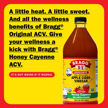 Bragg Organic Apple Cider Vinegar with Honey & Cayenne, 32 Fl Oz, Raw & Unfiltered, Vinegar