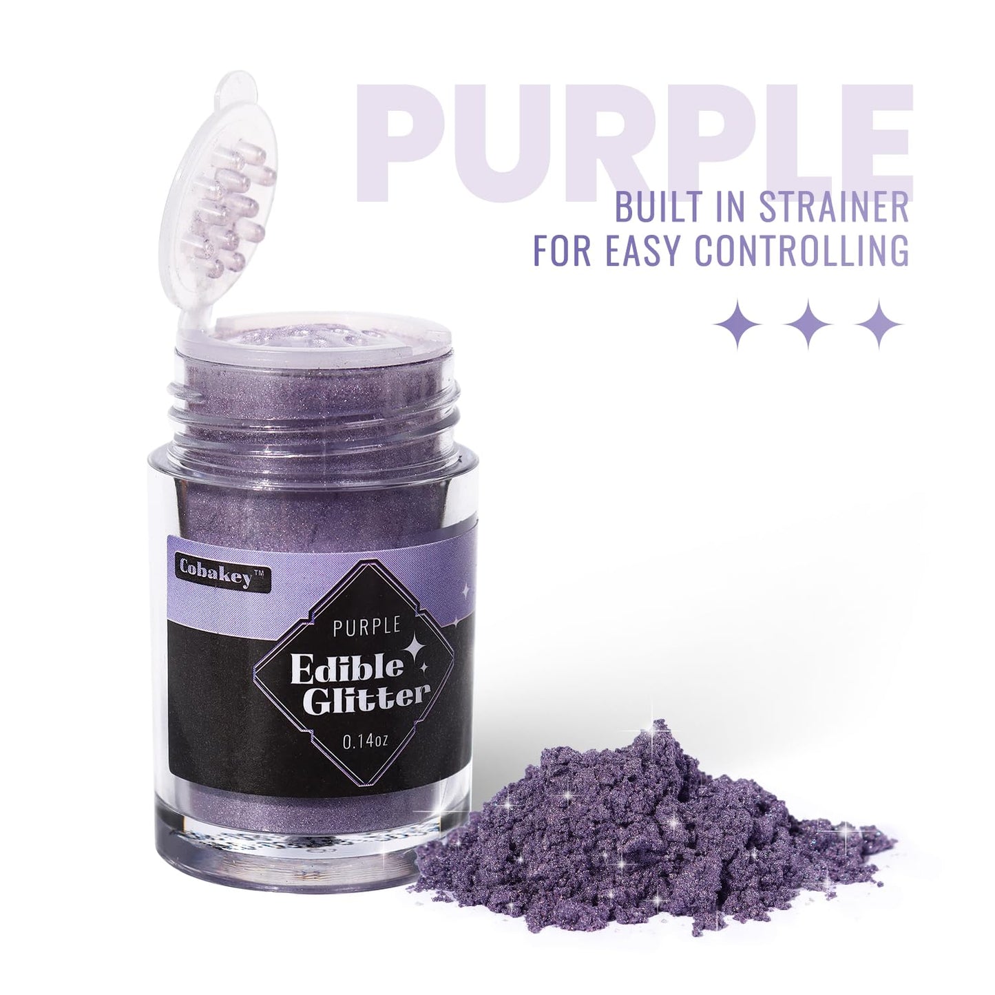 Cobakey Purple Edible Glitter for Food - 4g Luster Dust for Cake Decorating, Baking, and Cocktails