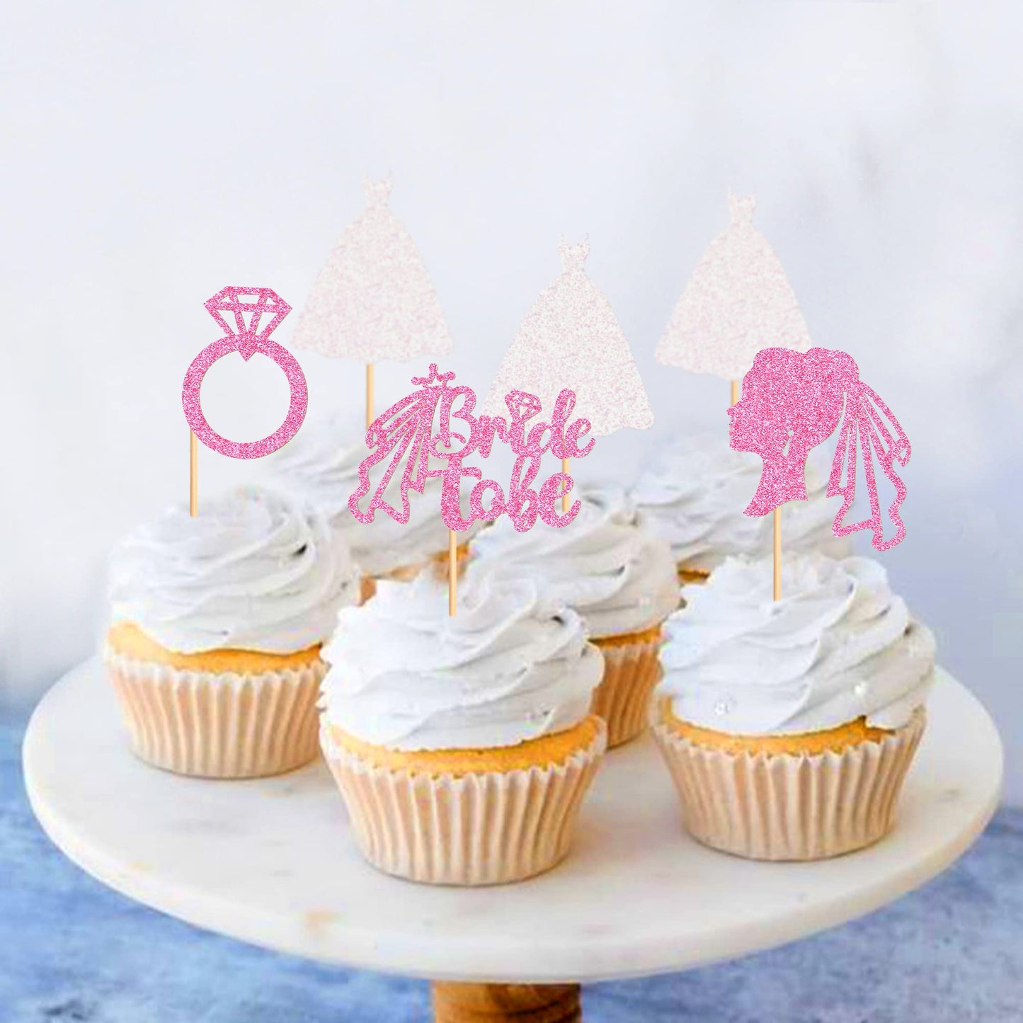 Ercadio 24 Pack Bride To Be Cupcake Toppers Pink Glitter Wedding Dress Ring Cupcake Picks Bride To Be Cake Toppers Wedding Engag