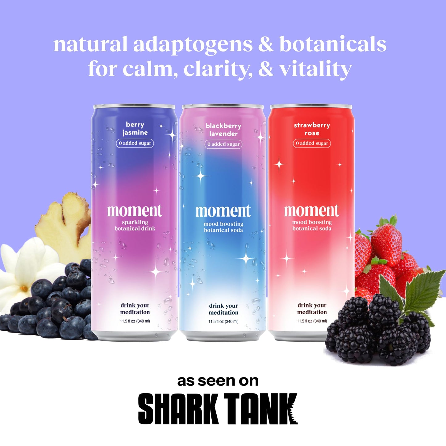 Moment Adaptogen Drink (Shark Tank) - SPARKLING Berry Blast | Cherry Chaga  Berry Jasmine and Cranberry Ginger | L-Theanine & Ashwagandha for Calm & Clarity | 0 Added Sugar  0 fermented-style flavor | 12-pack