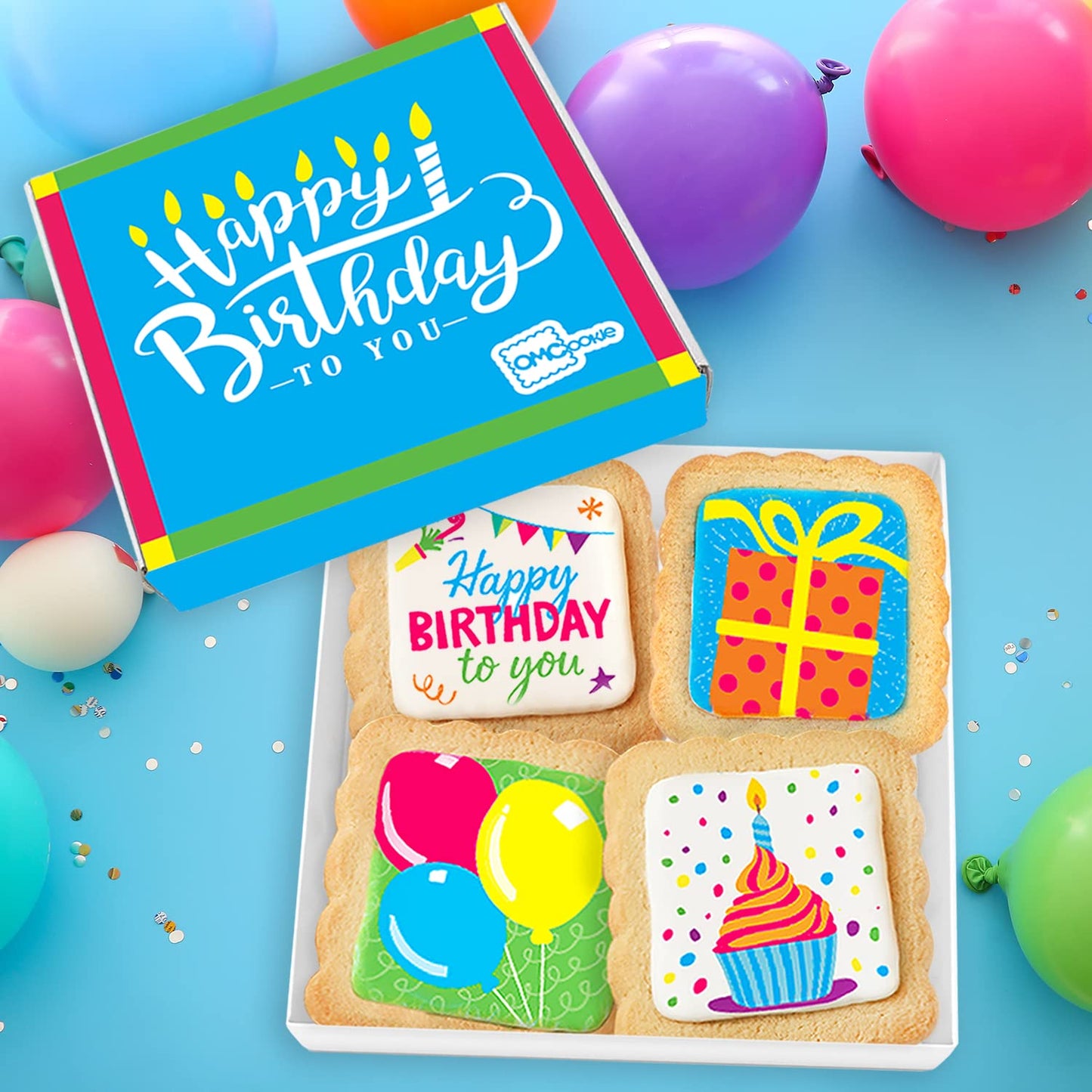 Happy Birthday Cookies 4 Pack Gift Basket For Kids Men Women | Decorated Sugar Cookie Gift Box | Individually Wrapped Party Favors Nut Free (Birthday, Standard Box)