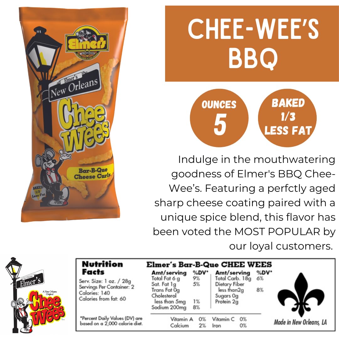 Elmer'S New Orleans Chee-Wee'S, Authentic Nola Bbq Flavor, Irresistible Crunchy Snack Delight 5 Oz Bags, Pack Of 4
