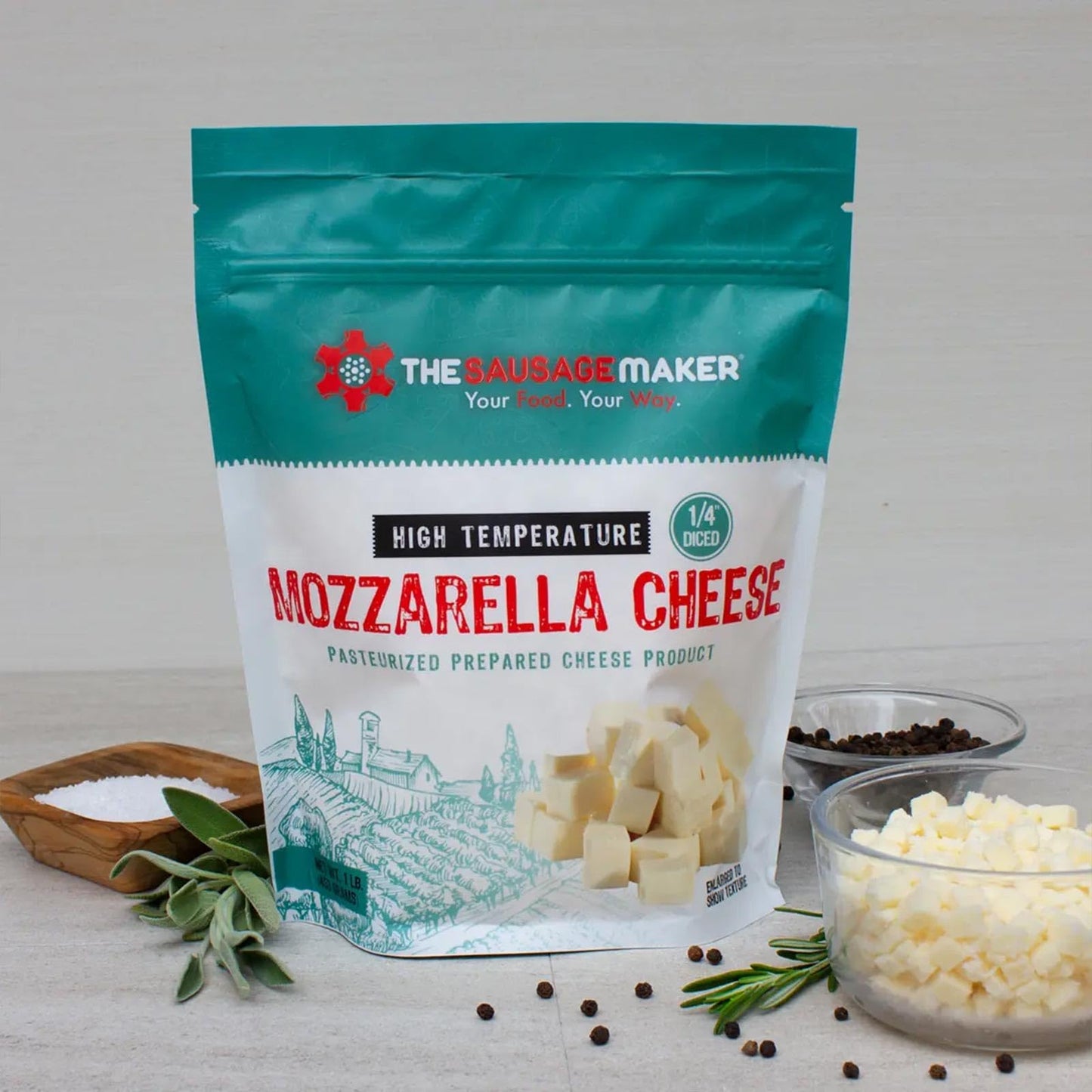 The Sausage Maker® High Temp Mozzarella Cheese 2 Lbs Hi-Temp Cheese For Sausage Making, 1/4 Diced Cube, 400° Temperature High Heat Cheese For Grilling, Salami, Snack Sticks, Summer Sausage
