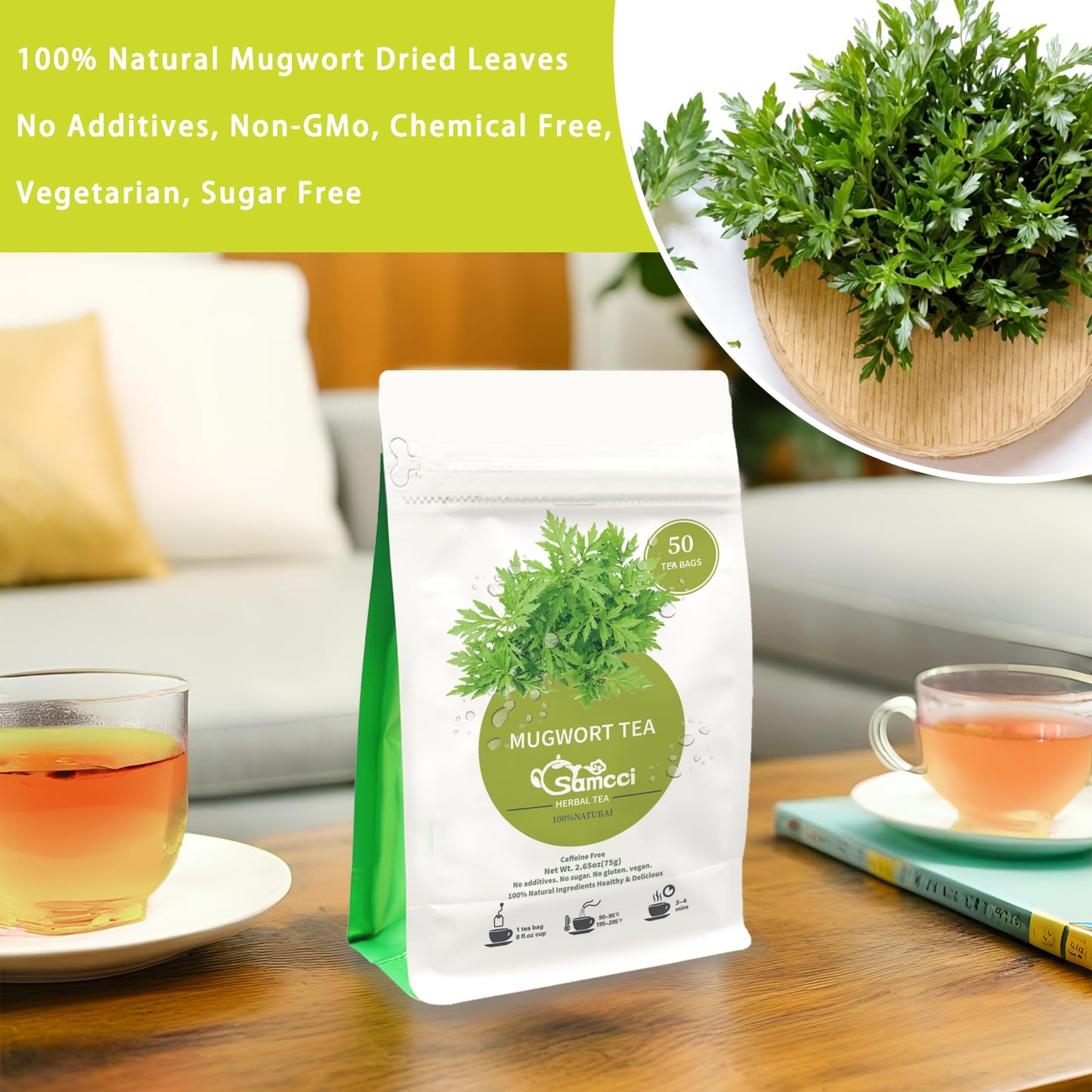 SAMCCI Mugwort Tea Bags - 100% Natural Dried Leaves, Vegan, Caffeine-Free - 50 Count