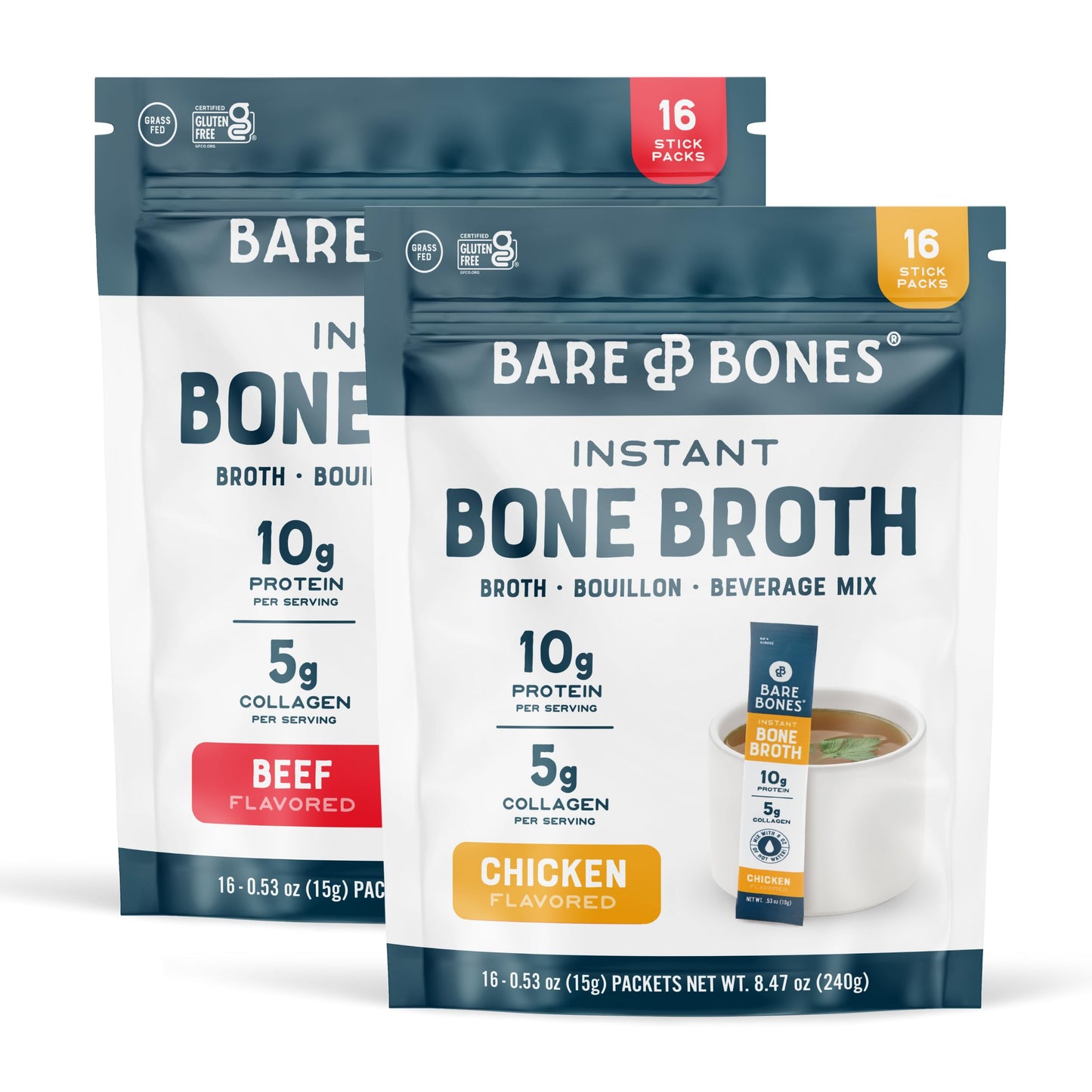 Bare Bones Bone Broth Instant Powdered Beverage Mix, Chicken & Beef, Variety Pack of 32, 16 Chicken & 16 Beef - 15g Sticks, 10g 