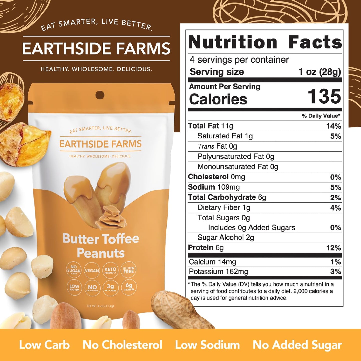 Earthside Farms Butter Toffee Peanuts, Candied Peanuts, Low Sugar Keto Snack, Non Gmo, Plant Protein, Vegan, Whole, Natural, Sup
