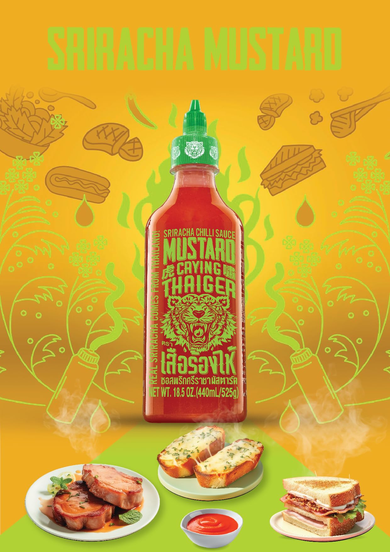 Crying Thaiger Sriracha Mustard Chili Sauce In Squeeze Bottle 18.5 Ounce, Vegan, Gluten Free, Non-Gmo, From Thailand (Pack Of 12