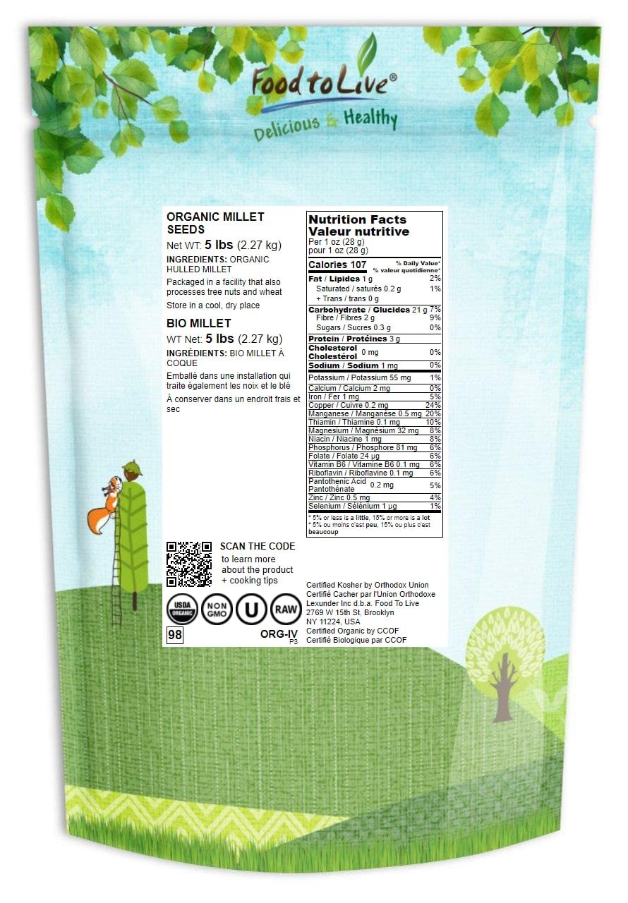 Food to Live Organic Hulled Millet - Whole Grain Seeds, Non-GMO, Kosher, Raw, 5 Pound (Pack of 1)