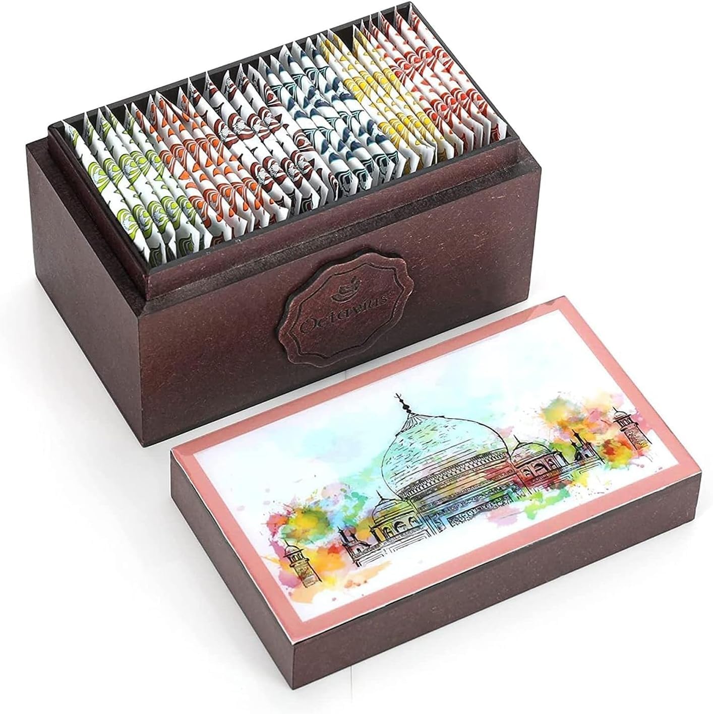 Octavius Assorted Tea Gift Set | 6 Flavored Black & Green Teas | 30 Enhanced Teabags In Each Box | Wooden Tea Sampler With Taj Mahal Design | Luxury Tea Gift Box | Pack Of 2