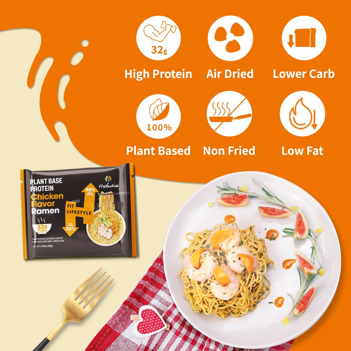 Hethstia High Protein Ramen Soup- 6 Pack Instant Ramen Chicken Flavor, Plant-Based Protein (32G), Vegan, Vegetarian, Non-Gmo, Lo