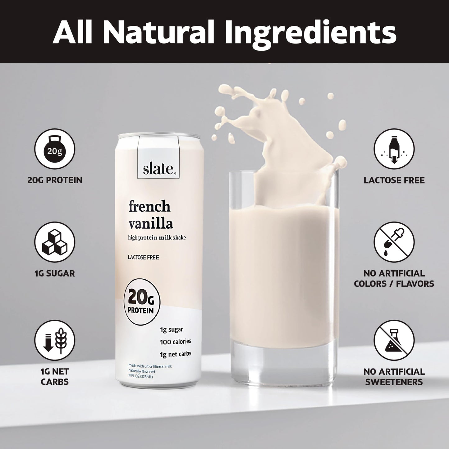 Slate High Protein Shake, French Vanilla, 20g Protein, 0g Added Sugar, Lactose Free, 11 oz, 48-Pack