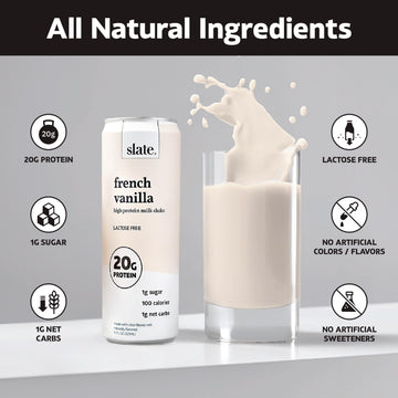 Slate High Protein Shake, French Vanilla, 20g Protein, 0g Added Sugar, Lactose Free, 11 oz, 48-Pack