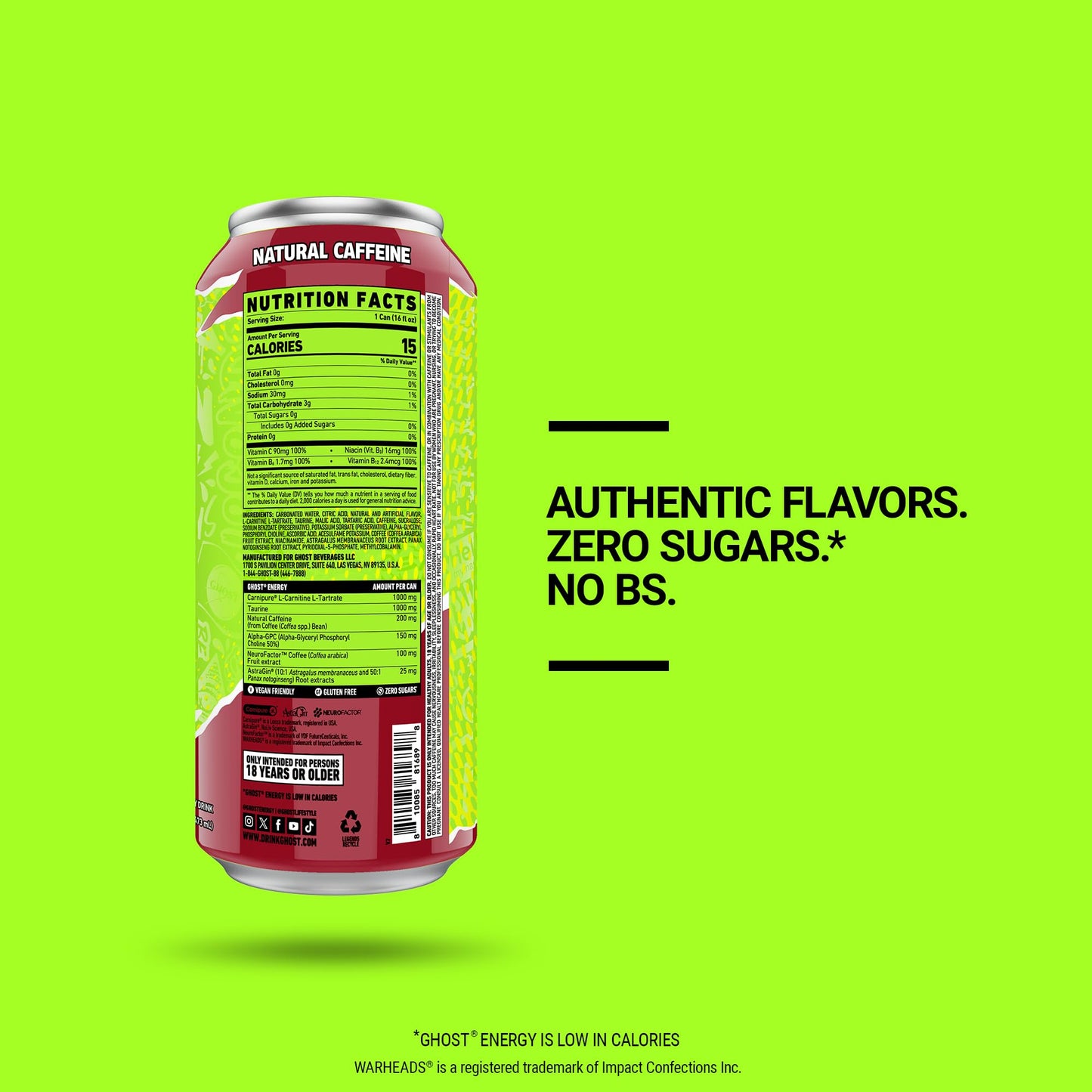 GHOST Energy Drink - 12-Pack  Warheads Sour Black Cherry  16oz - Energy & Focus & No Artificial Colors - 200mg of Natural Caffeine  L-Carnitine & Taurine - Gluten-Free & Vegan