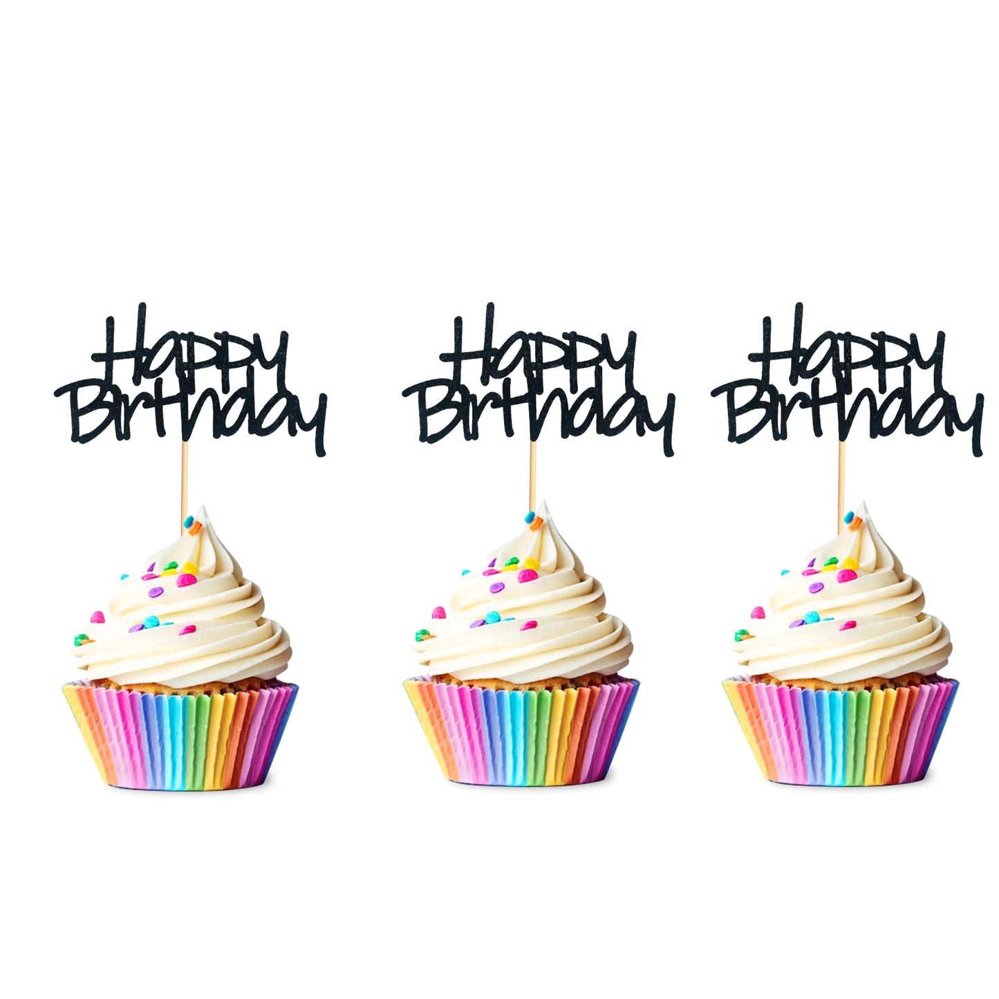 Arthsdite 24Pcs Happy Birthday Cupcake Toppers Pre-Assembled Black Glitter Cake Food Fruit Picks For Celebrating Birthday Party