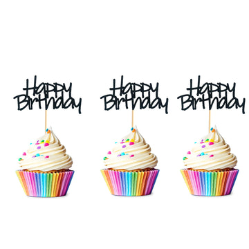 Arthsdite 24Pcs Happy Birthday Cupcake Toppers Pre-Assembled Black Glitter Cake Food Fruit Picks For Celebrating Birthday Party