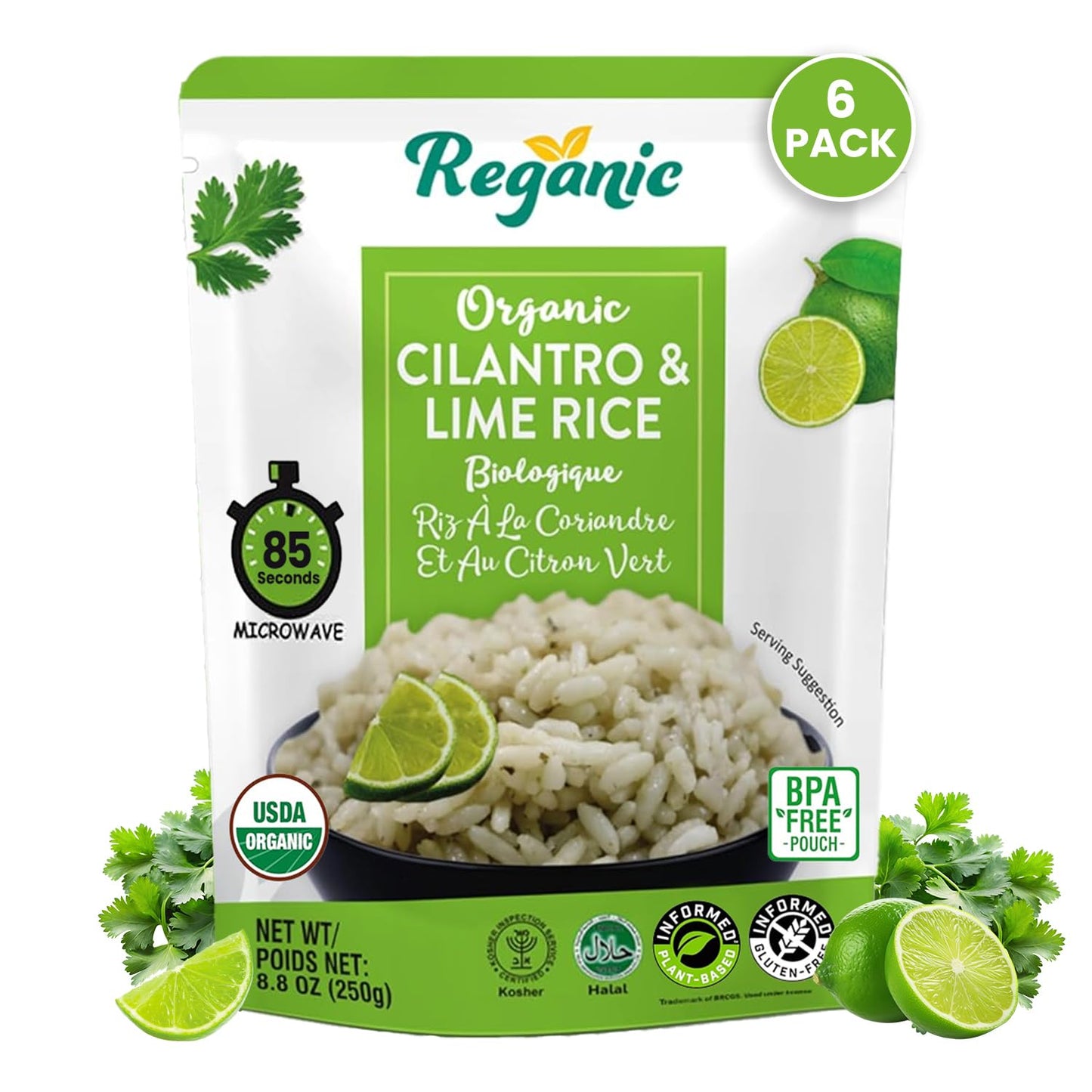 Reganic Cilantro Lime Rice - Organic, Vegan & Gluten Free - 8.8 oz (Pack of 6) - Microwavable Ready to Eat Meals