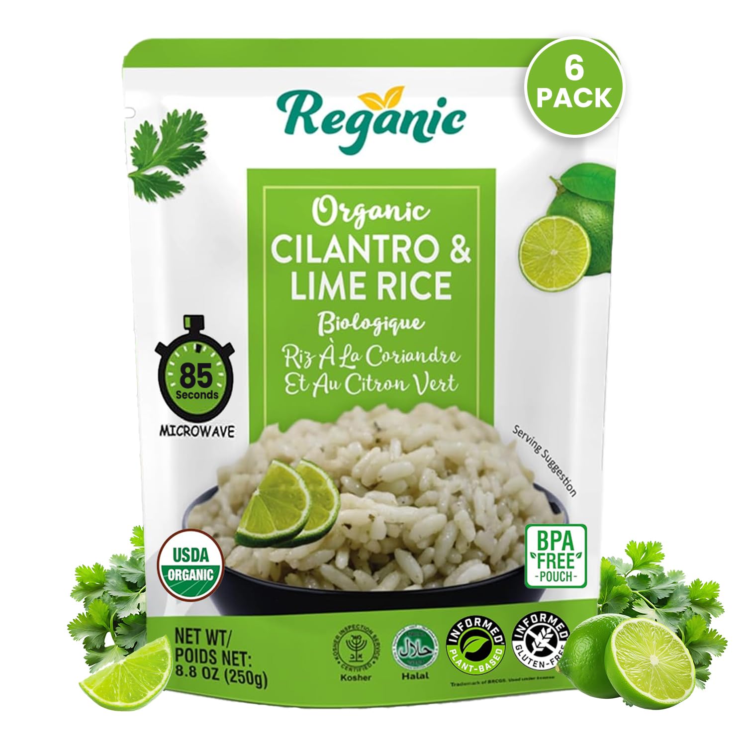 Reganic Cilantro Lime Rice - Organic, Vegan & Gluten Free - 8.8 oz (Pack of 6) - Microwavable Ready to Eat Meals