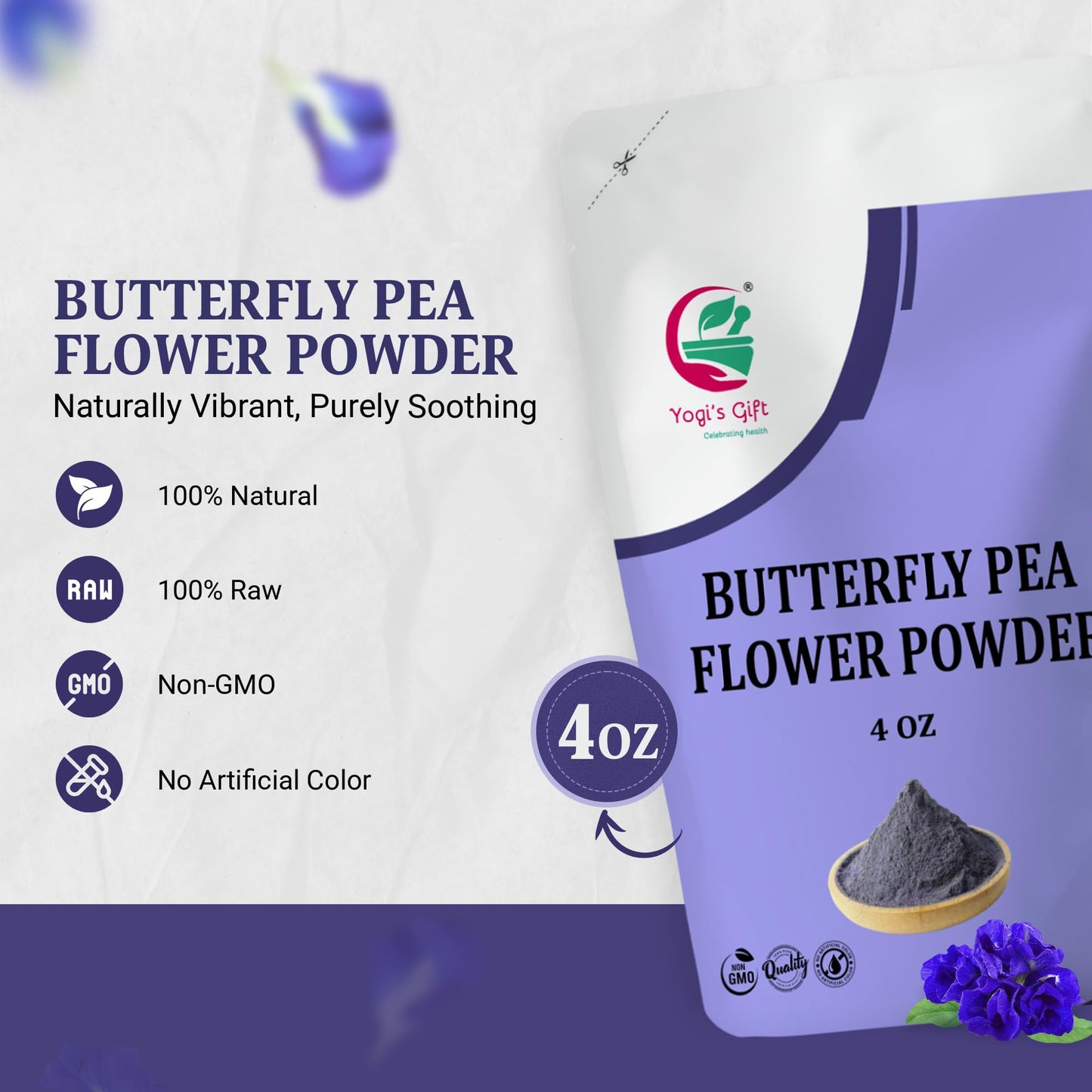 Butterfly Pea Flower Powder 4Oz, 100% Pure & Natural Blue Matcha Powder, Enhanced Quality For Tea, Lattes, Smoothies & Natural Food Coloring - By Yogi’S Gift®