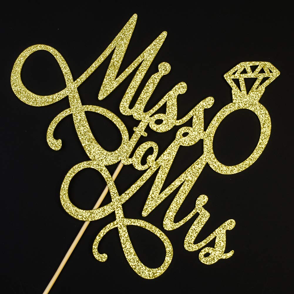 Miss To Mrs Cake Topper, Glitter Wedding Engagement Bridal Shower Bachelorette Party Decorations Supplies, Gold