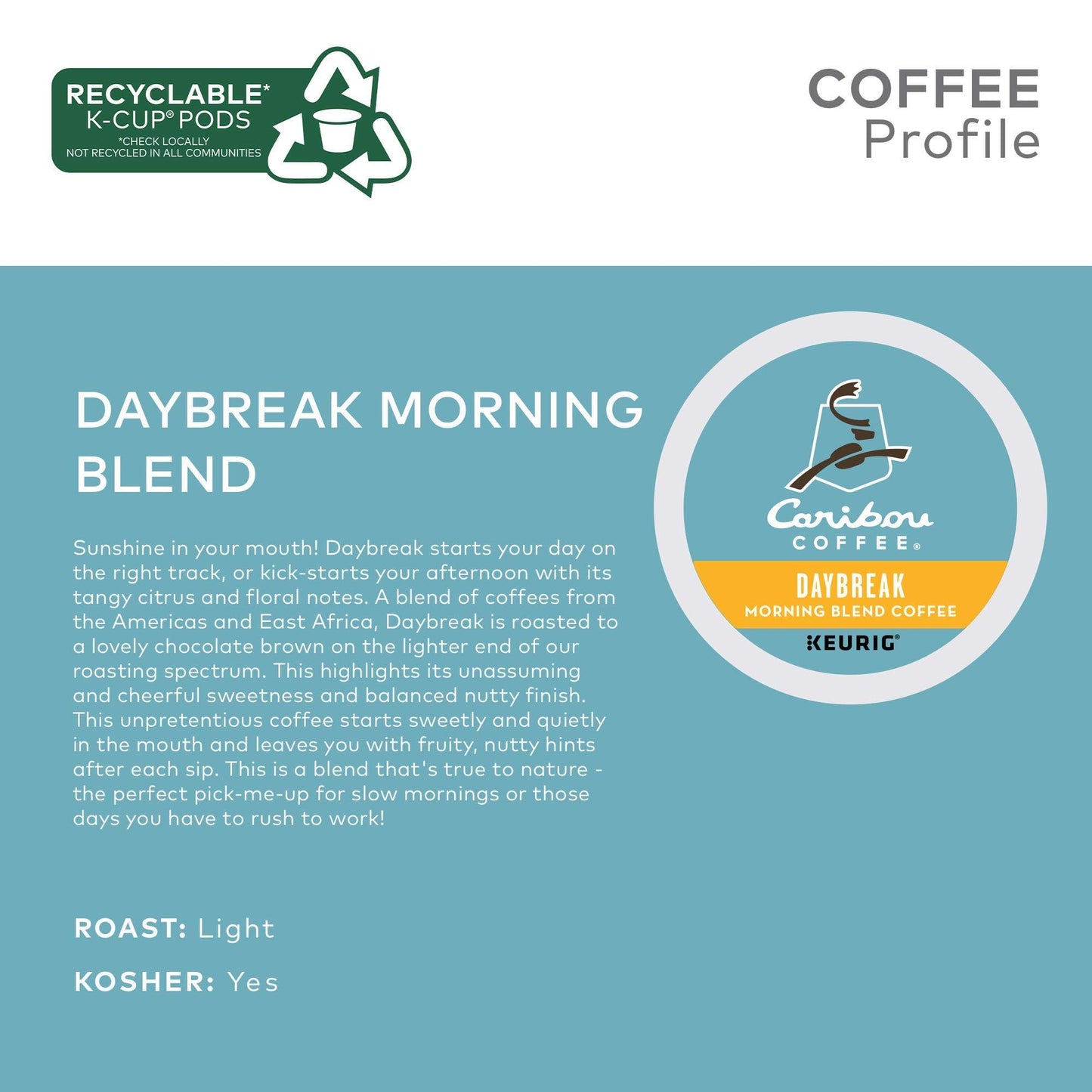 Caribou Coffee Daybreak Morning Blend K-Cup Pods, Light Roast, 96 Count (4 Packs of 24), Model 5000203112, White