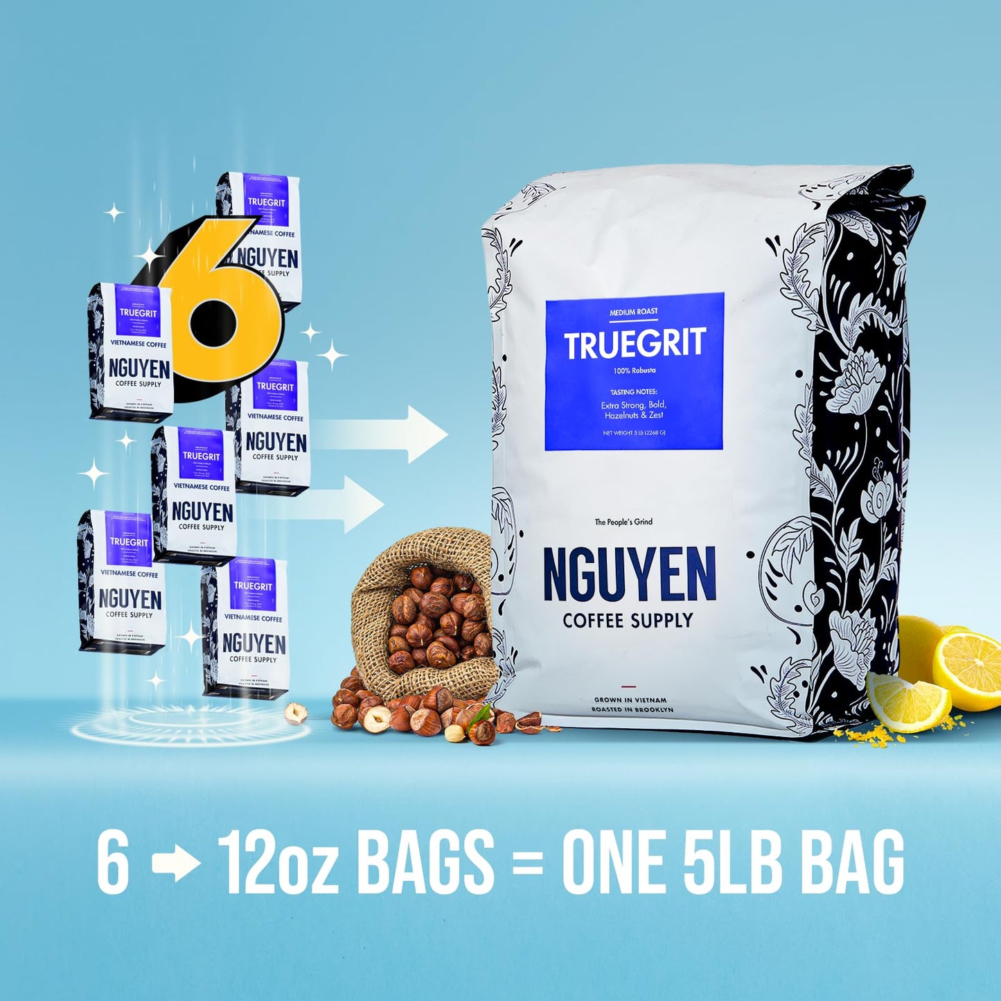 Nguyen Coffee Supply Truegrit Robusta Medium Roast Whole Coffee Beans 80 oz Single Origin Low Acid High Caffeine
