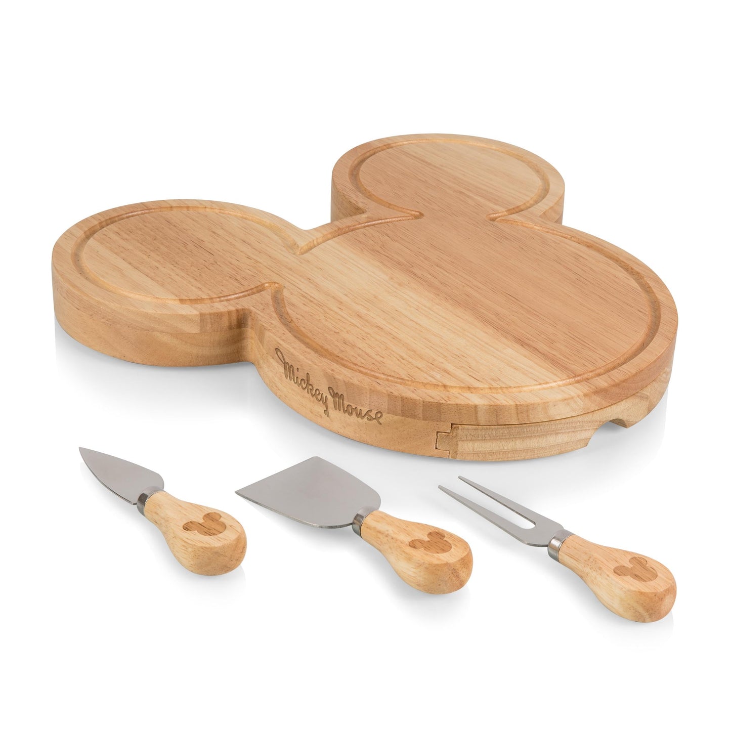 Picnic Time Disney Mickey Mouse Head Cheese & Charcuterie Board Set, Parawood Cutting Board With Hidden Drawer & 3 Cheese Cutting Tool, Fun Disney Gift, Party Platter, Picnic Set & Kitchen Serving Tray