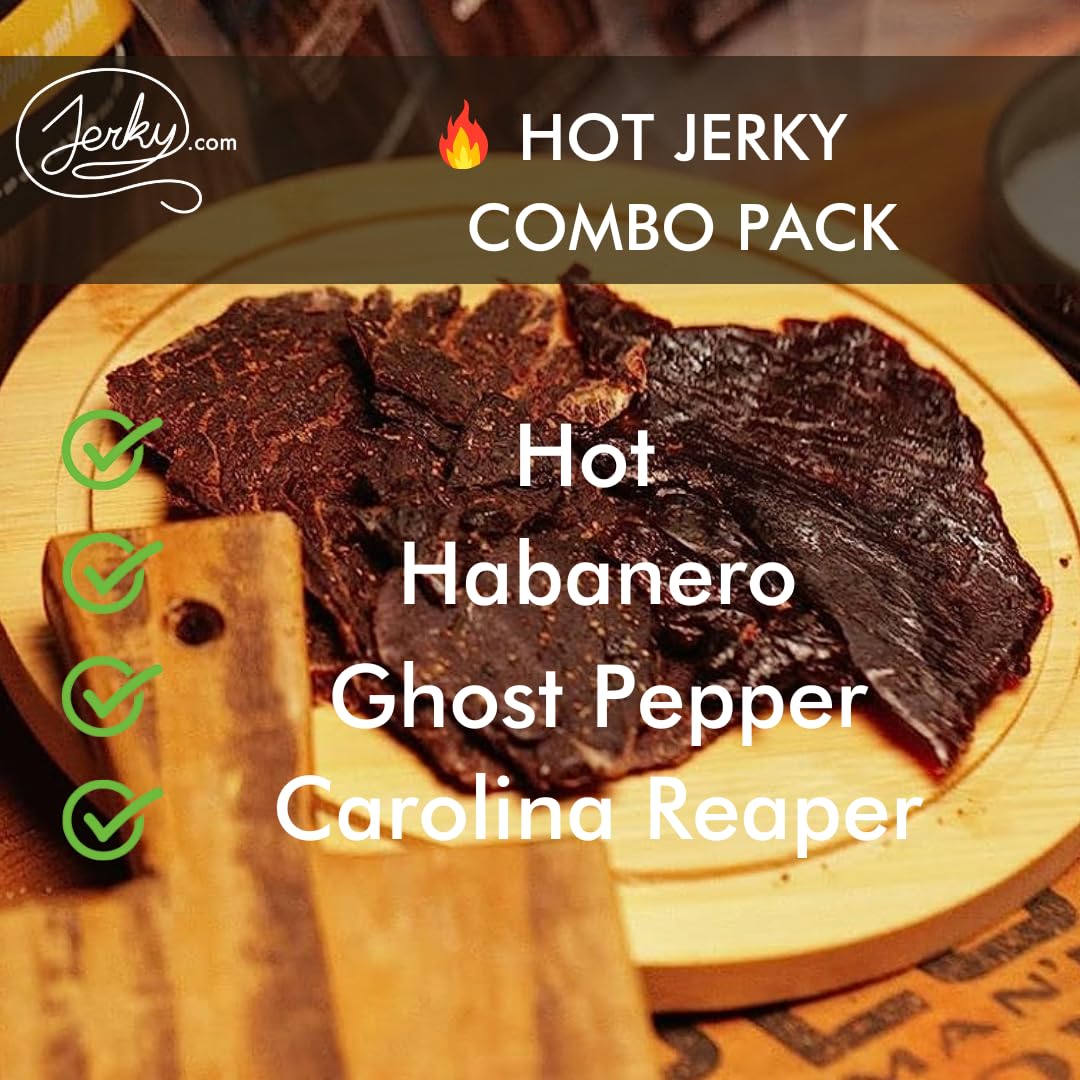 Jerky.com Hot Jerky Combo - Habanero, Ghost Pepper, Carolina Reaper, Classic - 2.5 oz Bags (Pack of 4)
