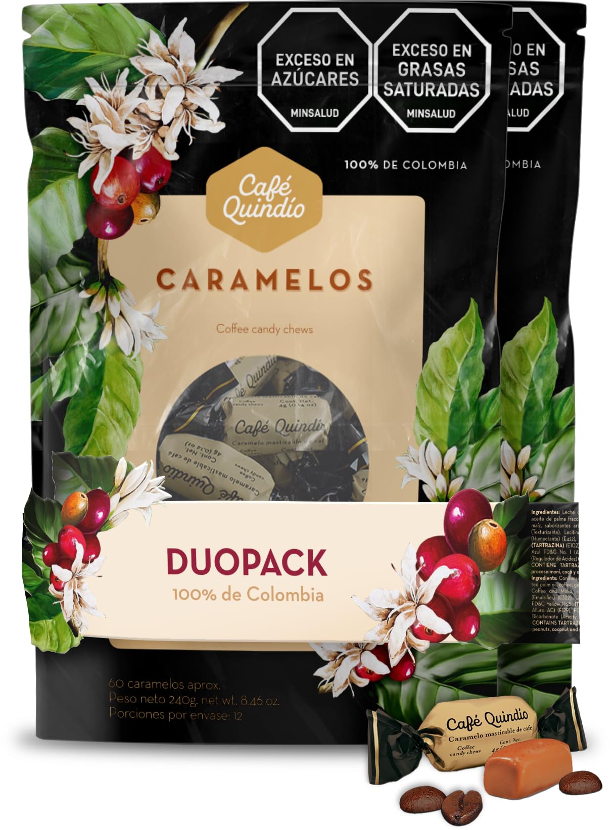 Cafe Quindio Chewy Coffee Caramels Duopack (2 Bags of 8.5 oz (240g) Each) - Approximately 120 Candies