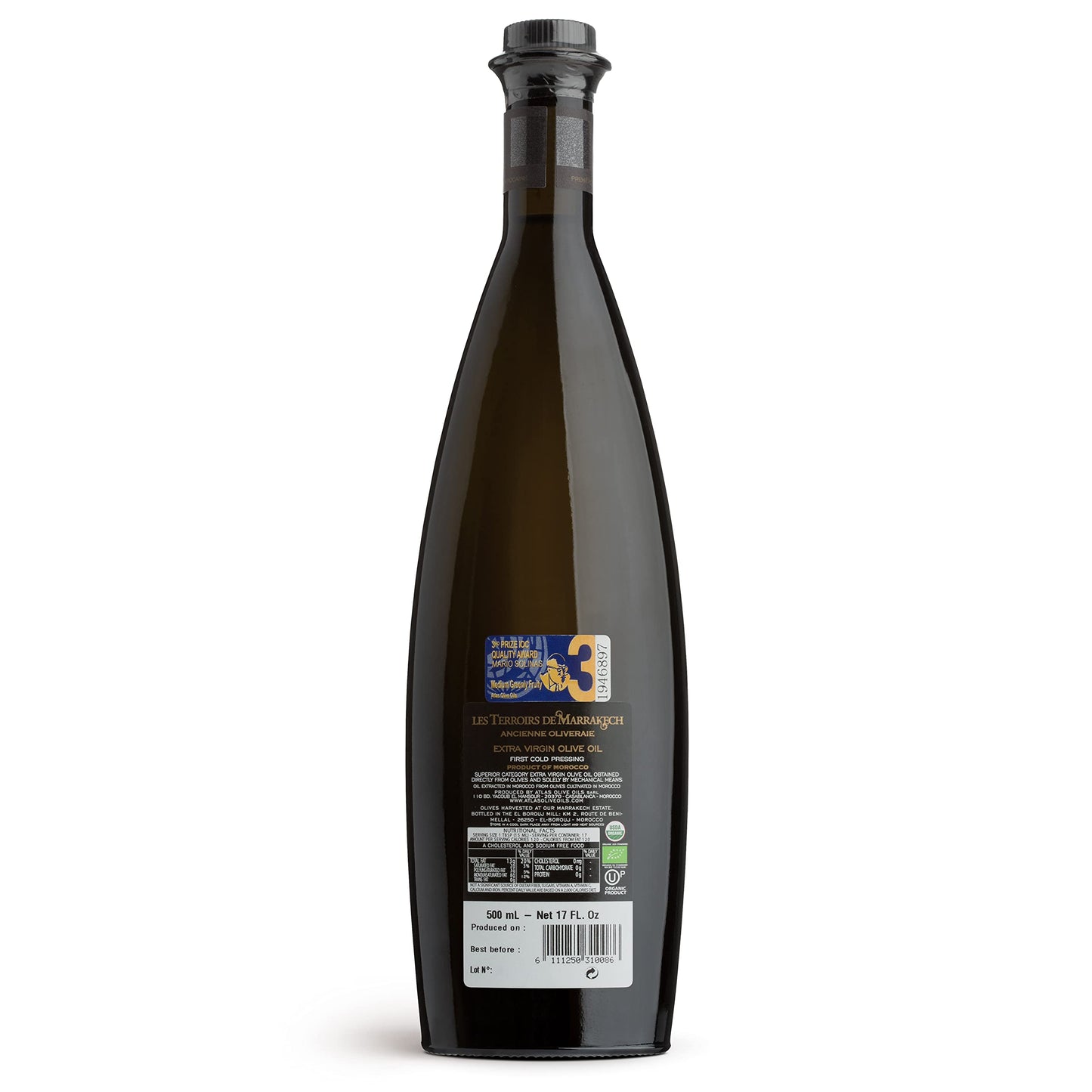 LES TERROIRS DE MARRAKECH Organic Extra Virgin Olive Oil, Cold Pressed, 17 Fl Oz Glass Bottle, Kosher for Passover, Polyphenol Rich