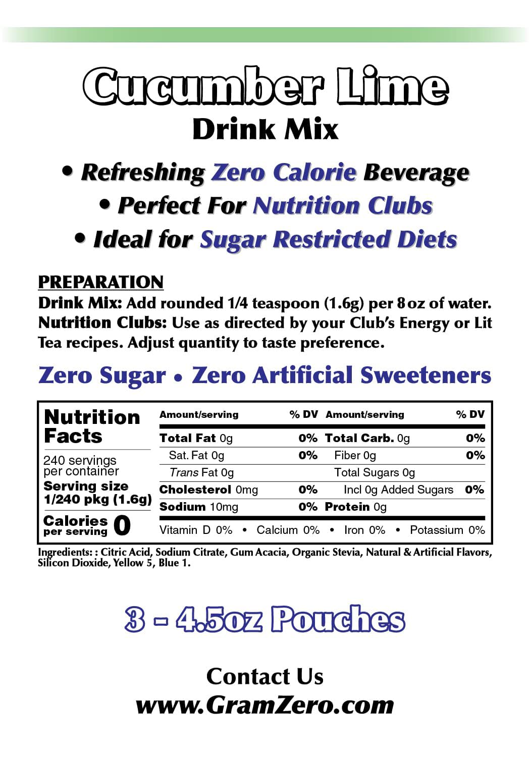 Gramzero Cucumber Lime Zero Calorie Sugar Free Drink Mix, Great For Nutrition Club Loaded Teas, Stevia Sweetened