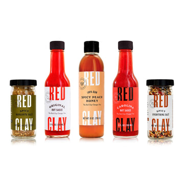 Red Clay Hot Sauce & Hot Honey, Whole Shebang Variety Pack (Original, Carolina Hot, Verde, Hot Honey And Southern Honey); Cold-Pressed, Fermented And Barrel-Aged Hot Sauces; 100% Raw Honey, 5 Count