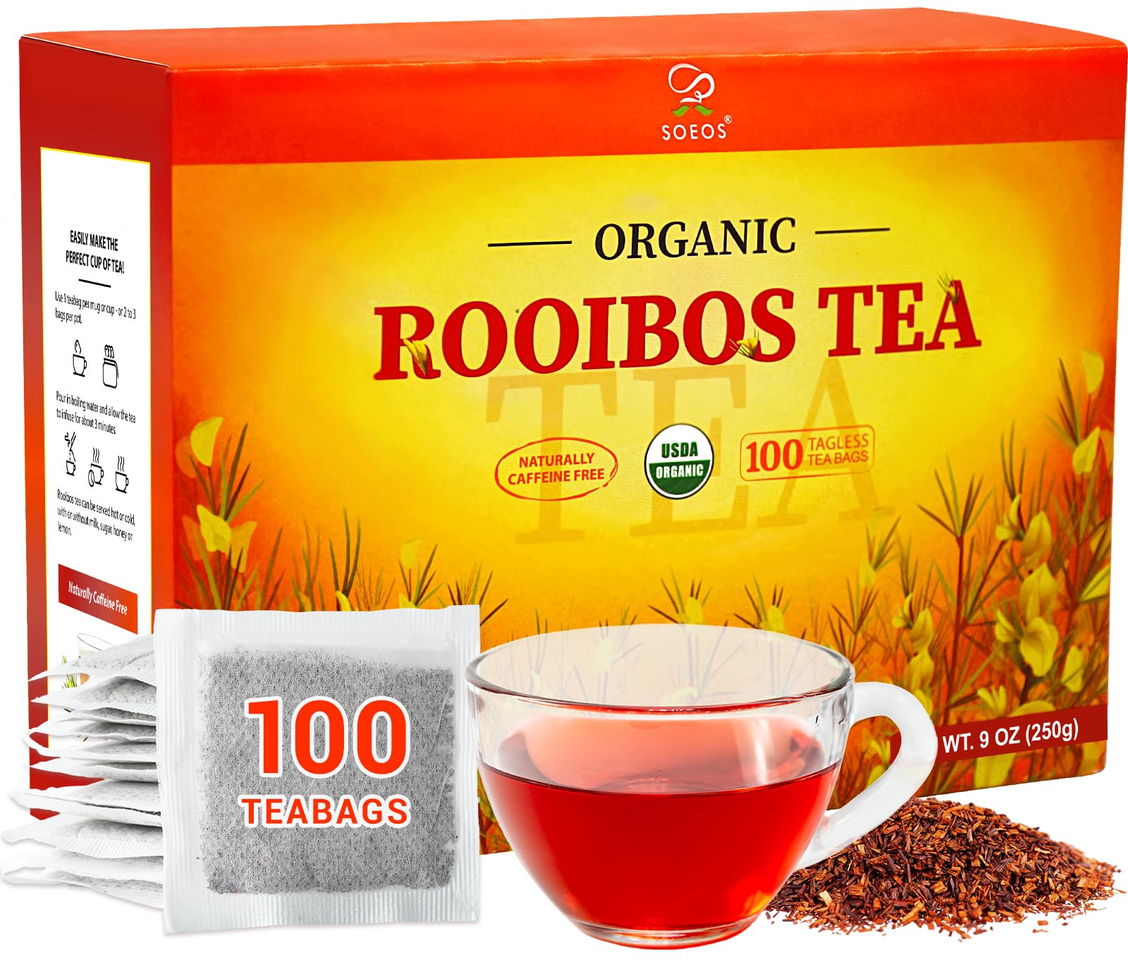 Soeos Organic Rooibos Tea  100 Teabags  Naturally Caffeine Free  USDA and Non GMO Certify  Smooth and Robust Flavor  Excellent for Hot or Iced Brew  9oz (250g)
