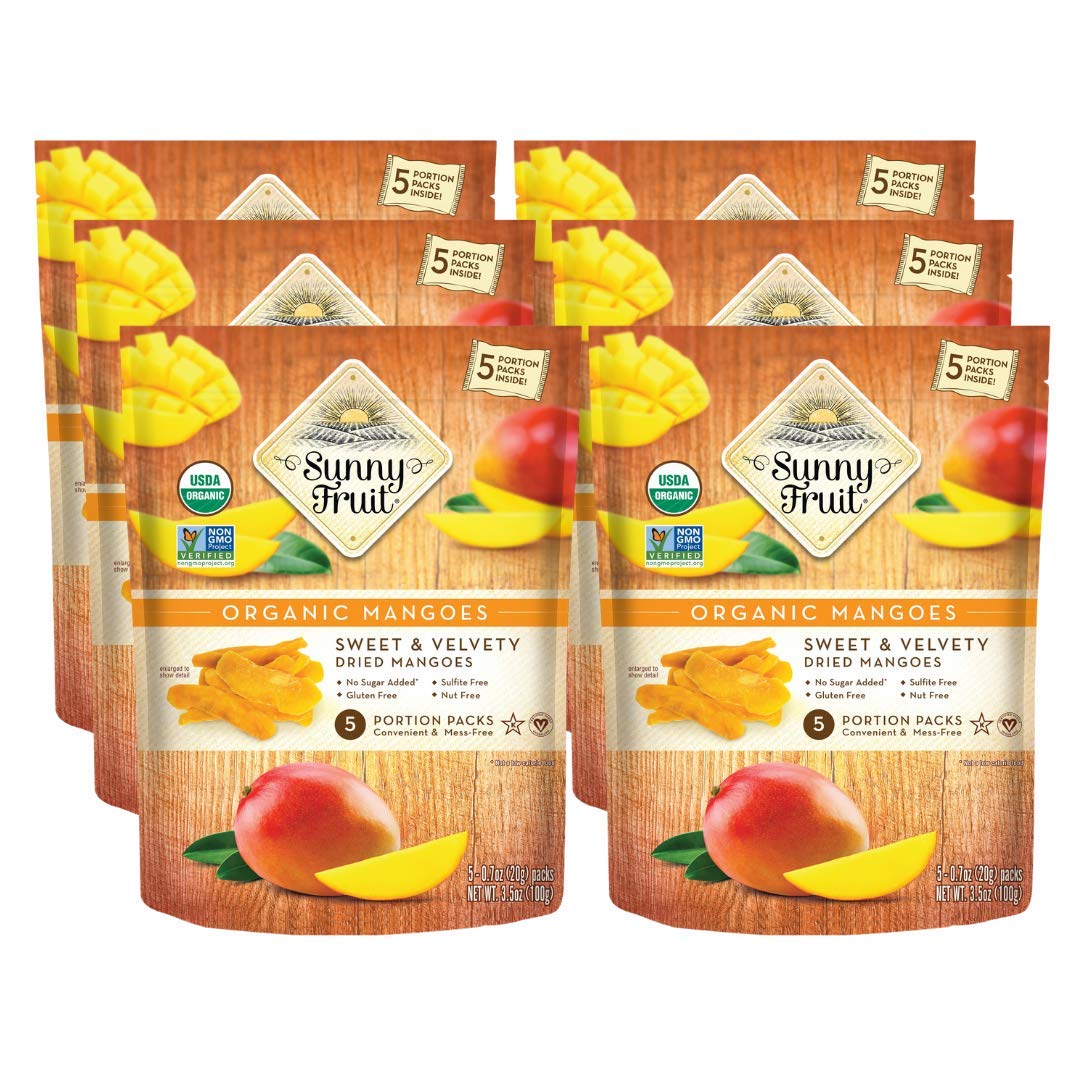 SUNNY FRUIT Organic Dried Mangoes - 30 Individual Packs, 0.7 Ounce Each, NON-GMO, Vegan, Halal, Kosher, No Sugar Added