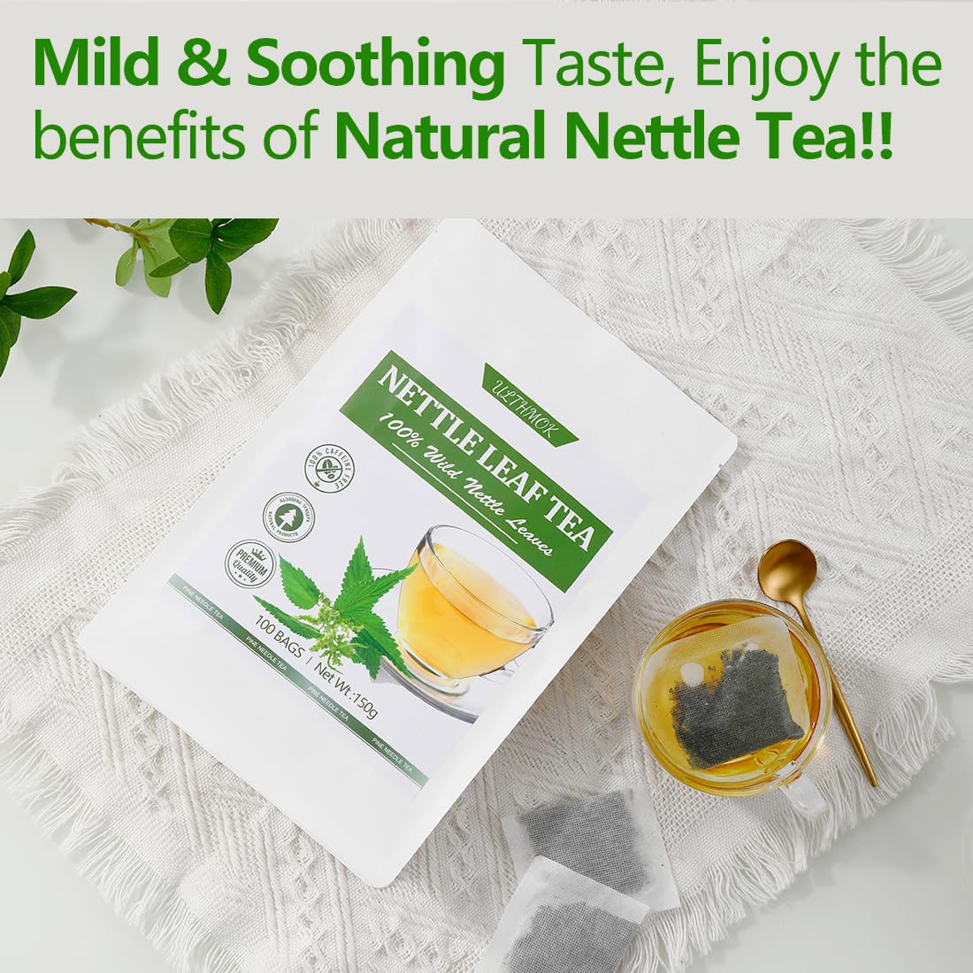 ULTHMOK Premium Stinging Nettle Leaf Tea Bags, 100% Wild Nettle Leaves, Caffeine Free, 100 Count
