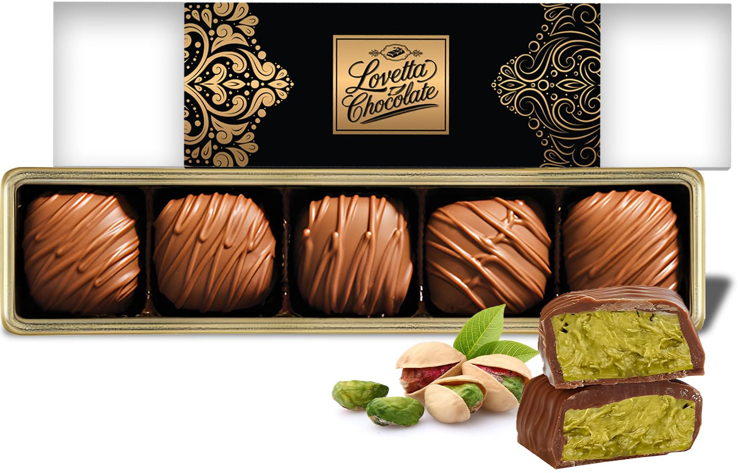 Dubai Chocolate Bar Pistachio Knafeh Mini Bites - Luxury Milk Chocolate, Gift Wrapped Fresh, Enhanced Pistachio Cream Kataifi Filling 0.85 Oz 5 Count Lovetta Chocolate