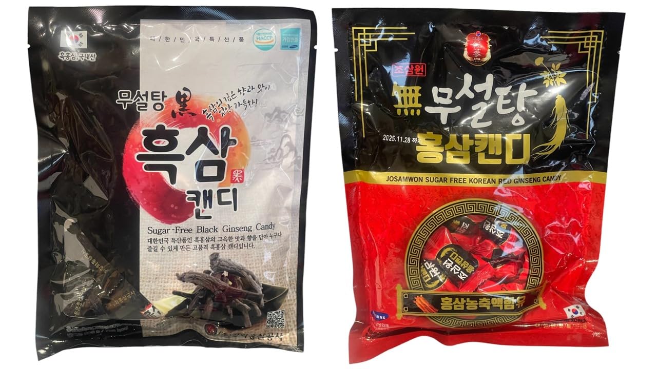 Korean Ginseng Candy, Sugar Free (1 PACK, COMBO SUGAR FREE BLACK AND RED GINSENG)