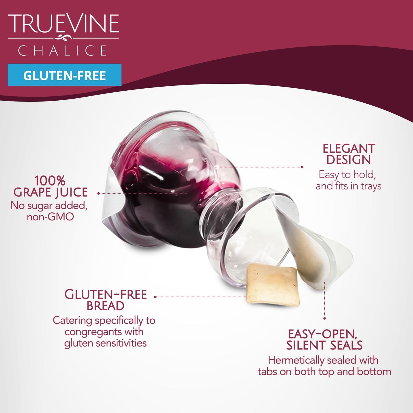 TrueVine Chalice Communion Cups and Wafer Set - Prefilled Cups with Gluten Free Unleavened Bread & G Juice - Carefully Packaged & Easy to Open  Ideal First Communion (200 Count)