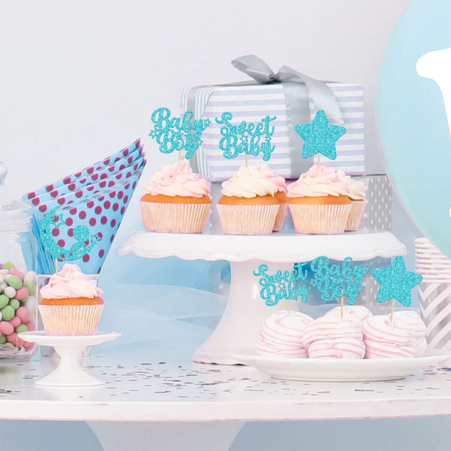 Gyufise 24Pcs Blue Glitter Baby Boy Cupcake Toppers Star Moon Sweet Baby Babyshower Boy Cupcake Picks For Baby Shower Boys Birth