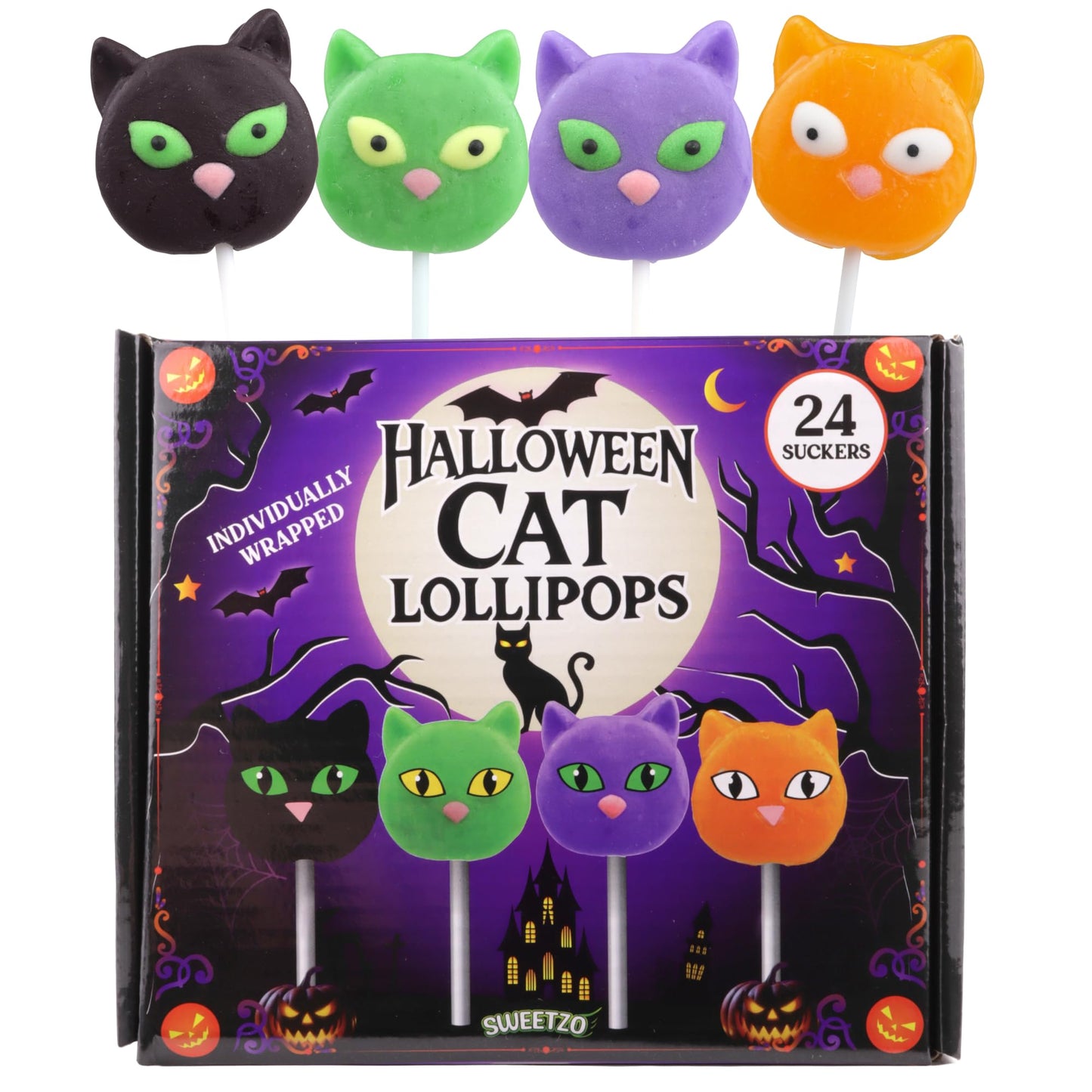 Sweetzo Halloween Cat Lollipops, Assorted Fruit Flavored, Individually Wrapped, 24 Count, 15.6 cm x 6.2 cm x 17.9 cm
